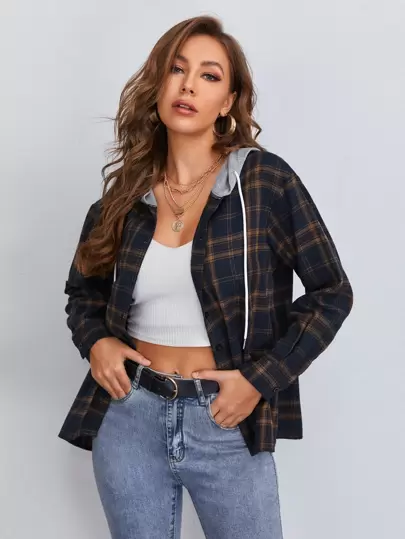 SHEIN LUNE Contrast Hooded Tartan Coat In Fall/Winter