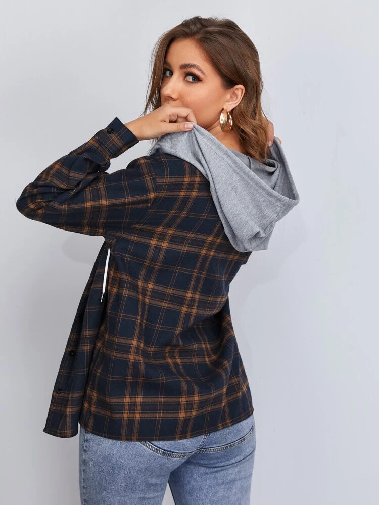 Contrast Hooded Tartan Coat In Fall/Winter
