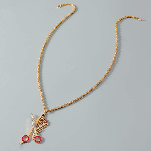 

Men Scissor & Hair Comb Design Pendant Necklace, Gold
