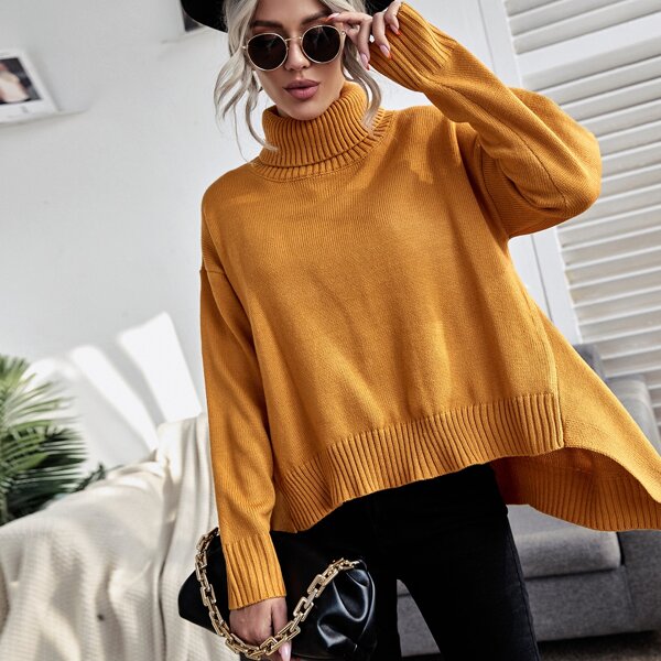 

Turtleneck High Low Hem Sweater, Brown