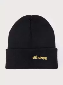 1pc Letter Embroidered Knitted Beanie Cap, Winter Warm Ear Head Protection Hat Fall Outfit - Black - View 1