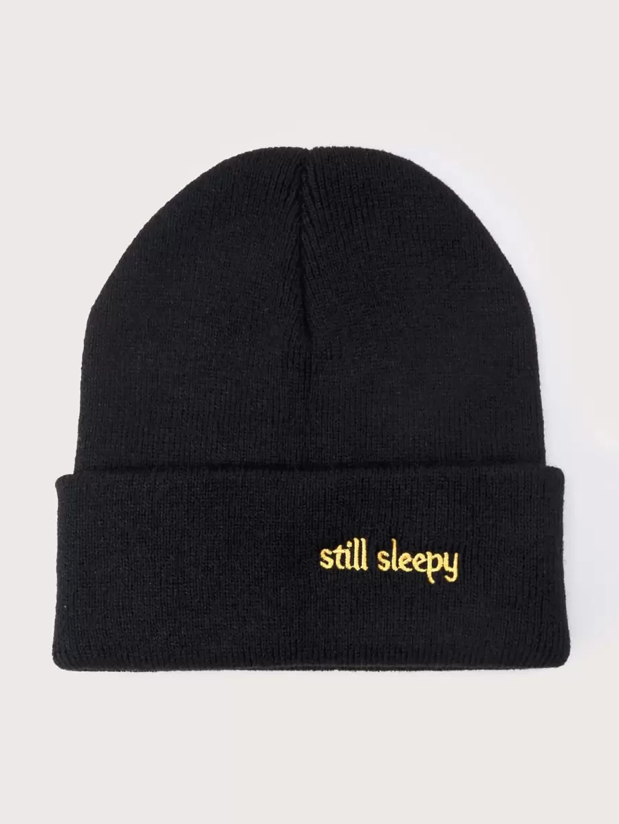 1pc Letter Embroidered Knitted Beanie Cap, Winter Warm Ear Head Protection Hat Fall Outfit - Black - View 1