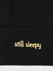 1pc Letter Embroidered Knitted Beanie Cap, Winter Warm Ear Head Protection Hat Fall Outfit - Black - View 3