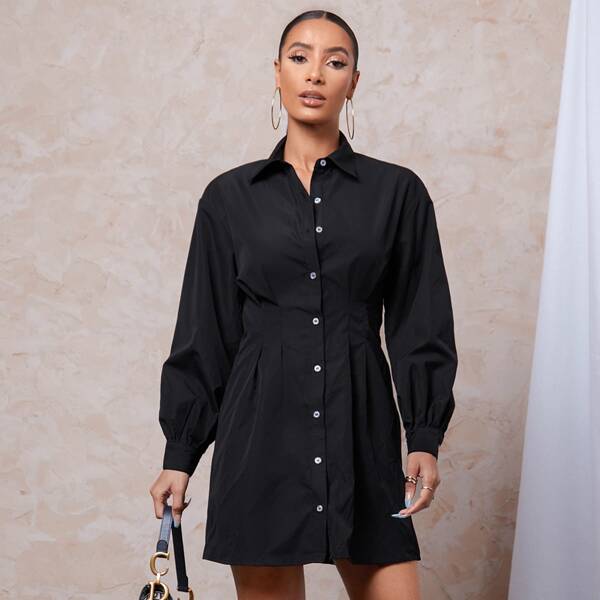 

Lantern Sleeve Fold Pleated Shirt Dress, Black