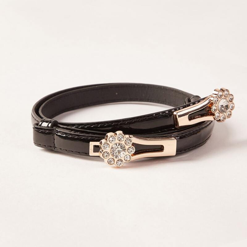 

Rhinestone Floral Buckle Skinny Belt, Black