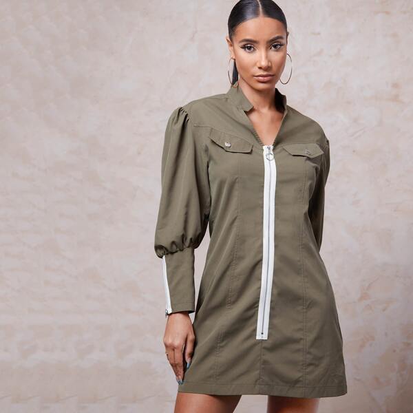 

Gigot Sleeve Flap Detail Zipper Placket Dress, Army green