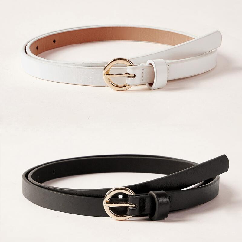 

2pcs Ring Buckle Skinny Belt, Black and white