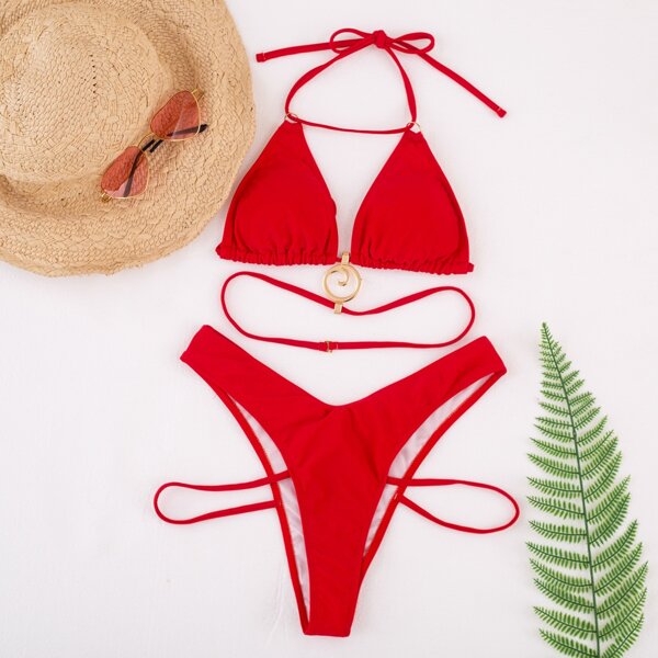 

Cut-out Ring Linked Triangle Bikini Swimsuit, Red