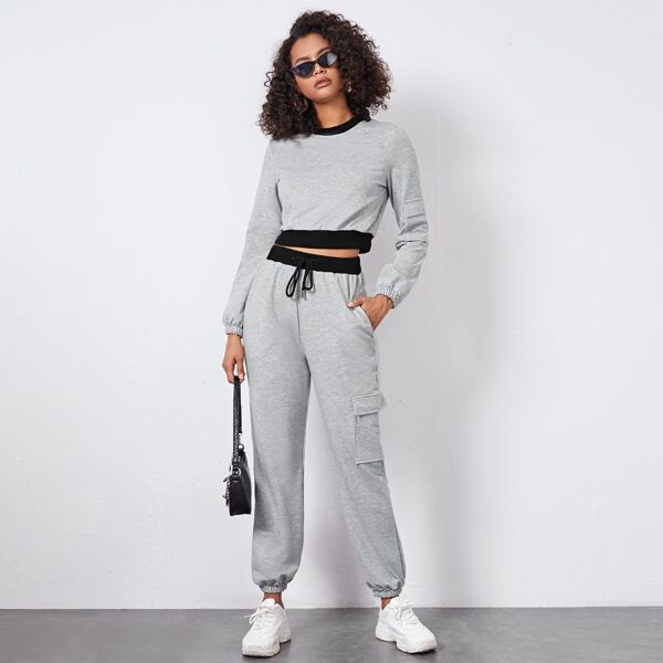 

Flap Pocket Sweatshirt & Drawstring Waist Pants Set, Light grey