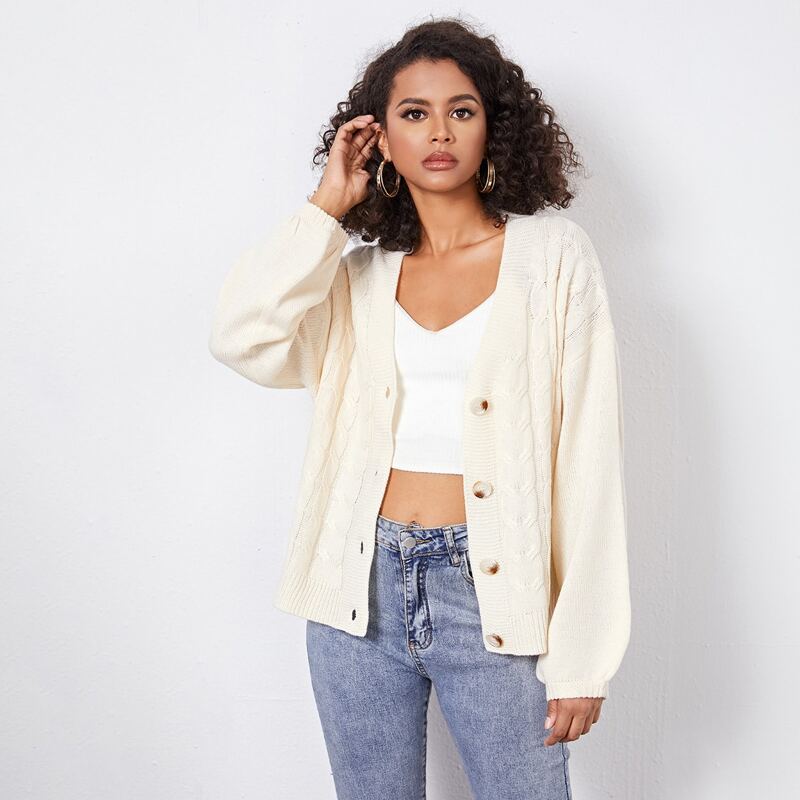 

Button Front Drop Shoulder Cardigan, Beige