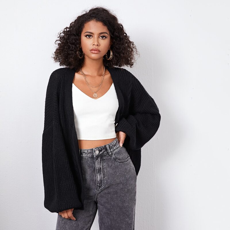 

Button Front Lantern Sleeve Cardigan, Black