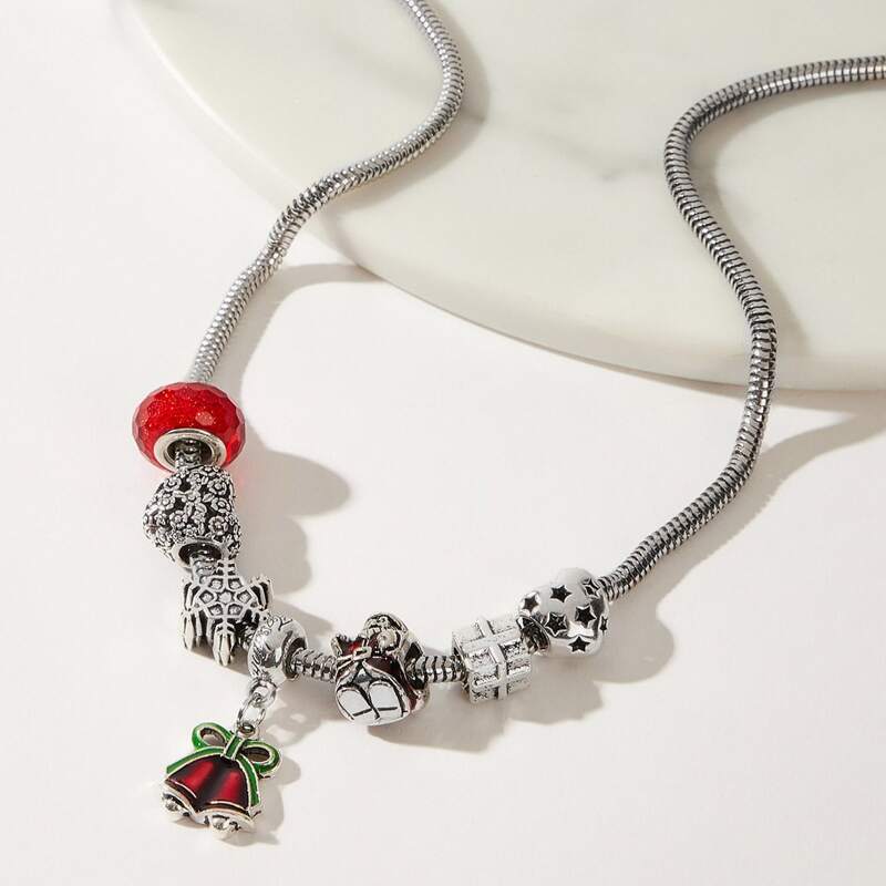 

Christmas Bell Beaded Pendant Necklace, Silver