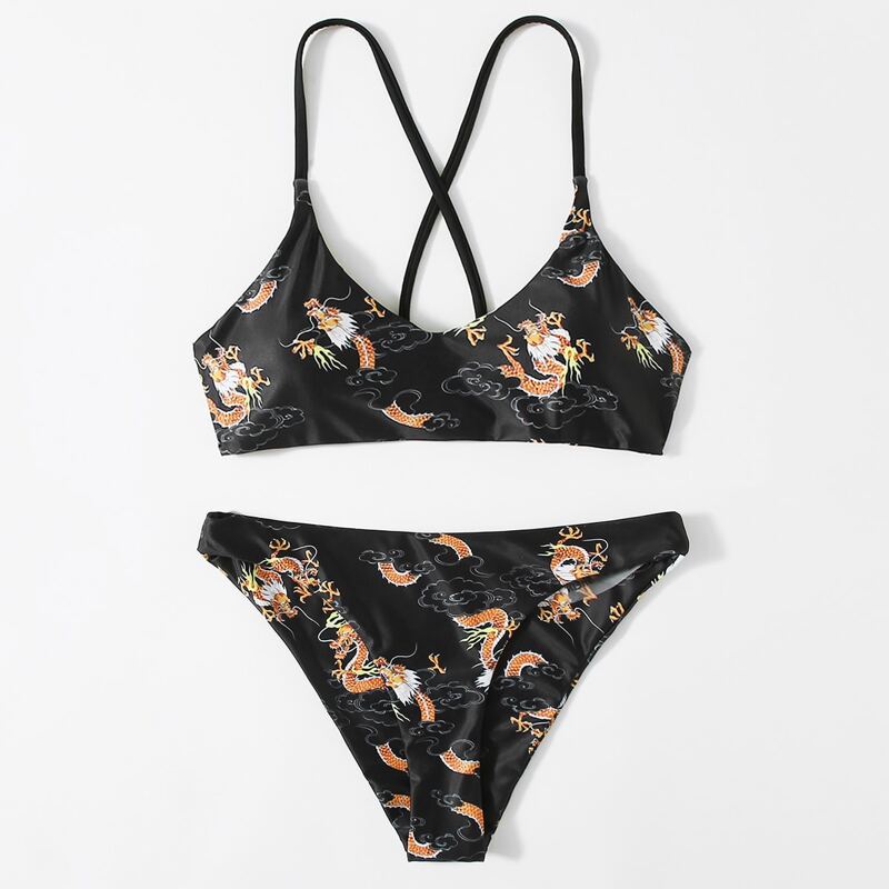 

Chinese Dragon Print Bikini Swimsuit, Black