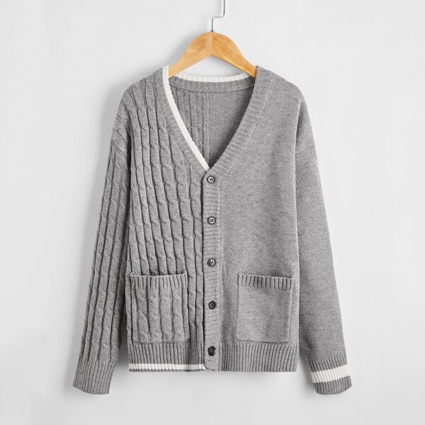 

Boys Cable Knit Panel Pocket Front Button Up Cardigan, Grey