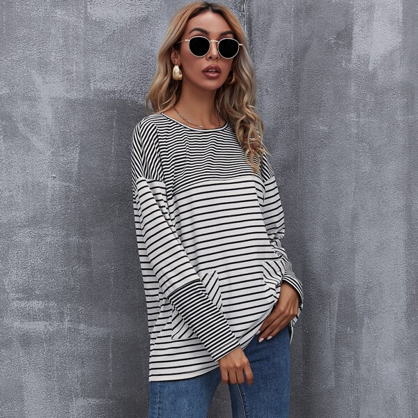 

Drop Shoulder Patch Pocket Striped Tee, Black and white