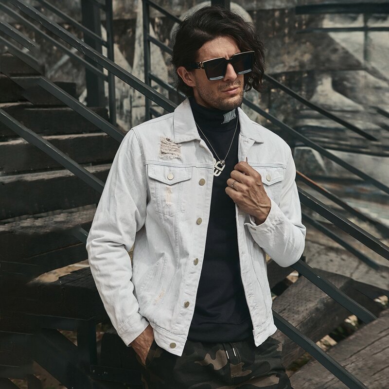 

Guys Ripped Button Up Denim Jacket, Light wash
