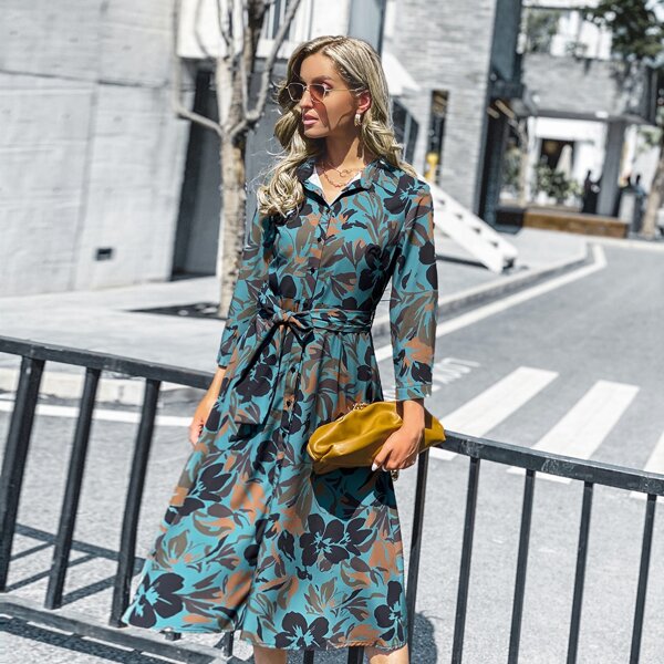 

Allover Floral Button Up Belted Shirt Dress, Multicolor