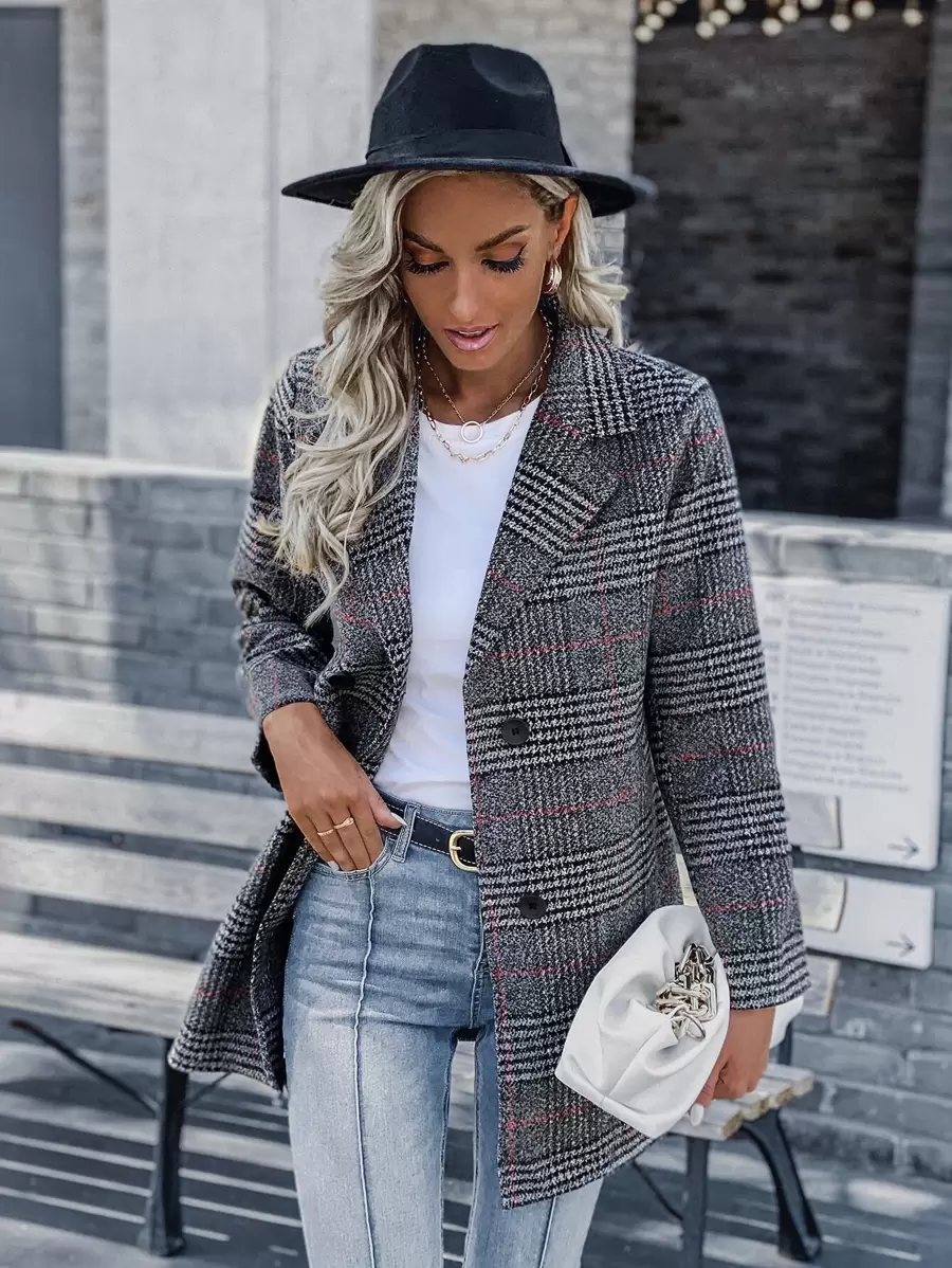 SHEIN LUNE Plaid Print Double Breasted Lapel Collar Overcoat - Dark Grey - View 1