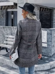 SHEIN LUNE Plaid Print Double Breasted Lapel Collar Overcoat - Dark Grey - View 2