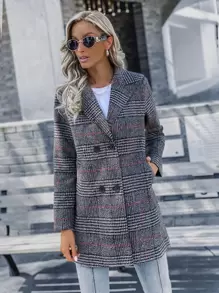 SHEIN LUNE Plaid Print Double Breasted Lapel Collar Overcoat - Dark Grey - View 3