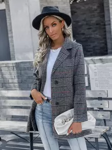 SHEIN LUNE Plaid Print Double Breasted Lapel Collar Overcoat - Dark Grey - View 4