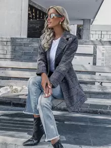 SHEIN LUNE Plaid Print Double Breasted Lapel Collar Overcoat - Dark Grey - View 5