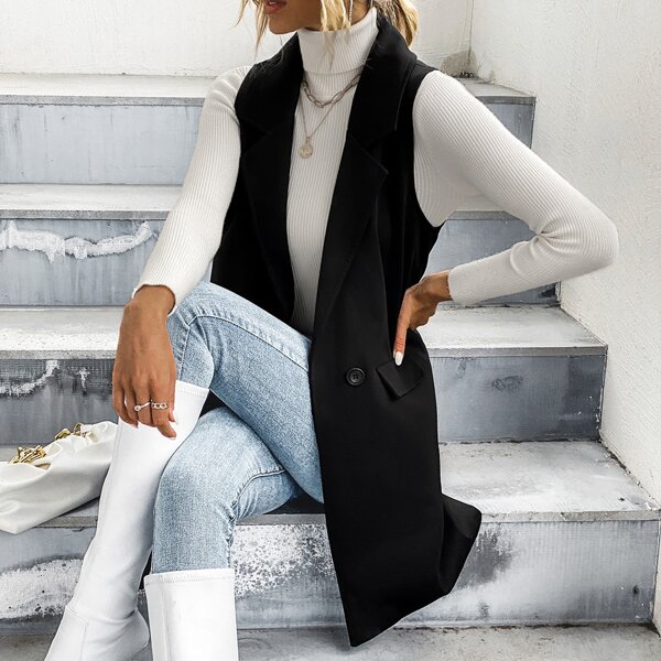 

Single Button Lapel Collar Vest Coat, Black