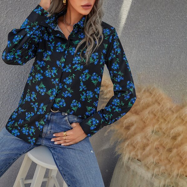 

Allover Floral Print Button Front Blouse, Multicolor