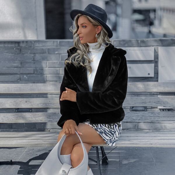 

Lapel Collar Open Front Flannel Jacket, Black