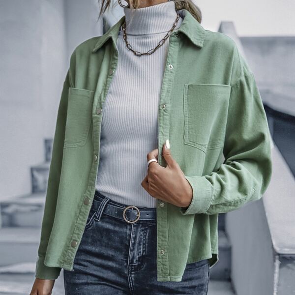 

Corduroy Pocket Patched Drop Shoulder Blouse, Mint green