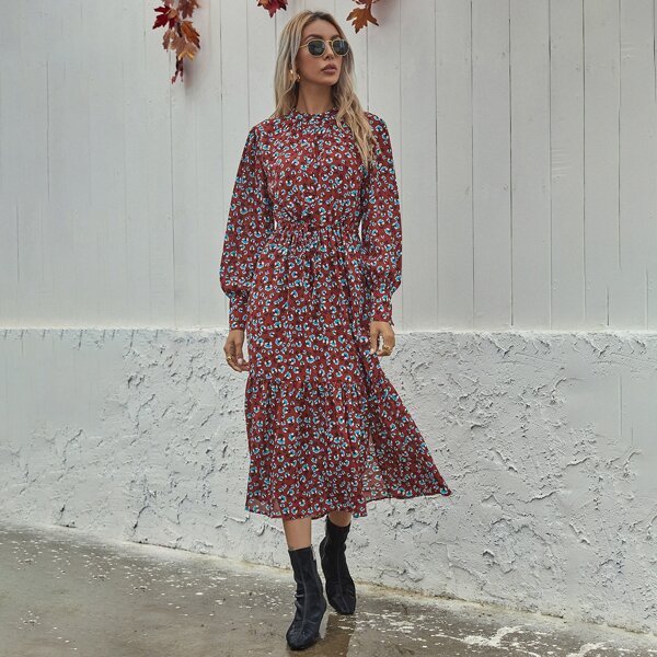 

Allover Floral Print Ruffle Hem Shirt Dress, Multicolor