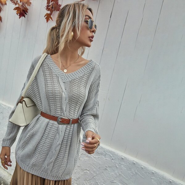 

Cable Knit Drop Shoulder Sweater Without Belt, Grey