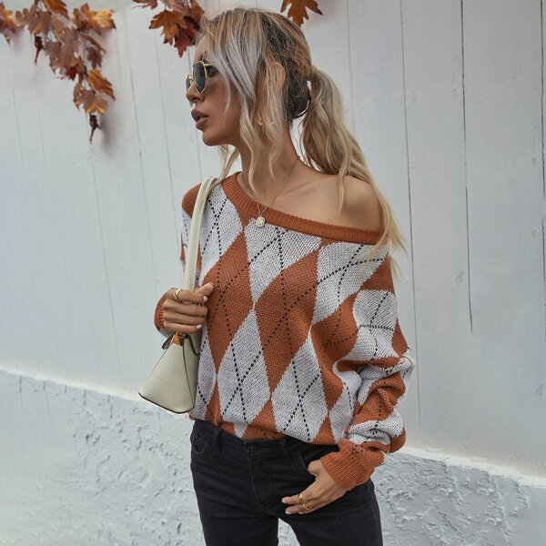 

Argyle Pattern Drop Shoulder Sweater, Multicolor