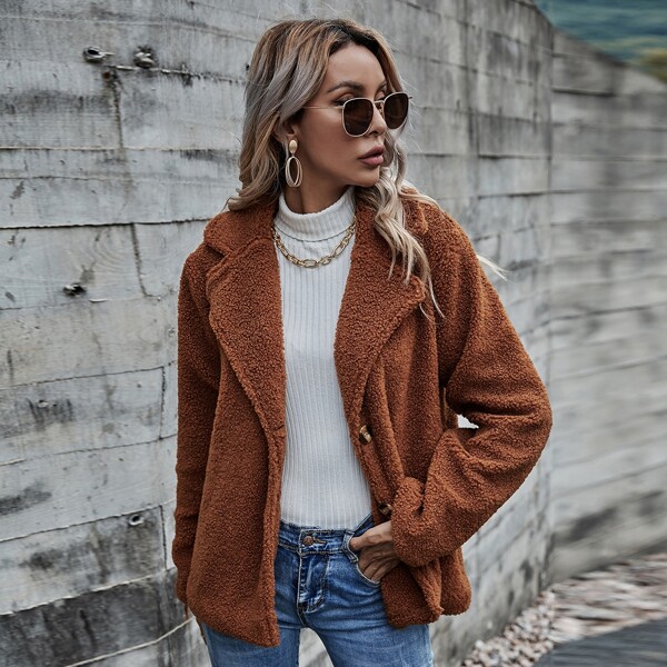 

Solid Lapel Neck Teddy Coat, Rust brown