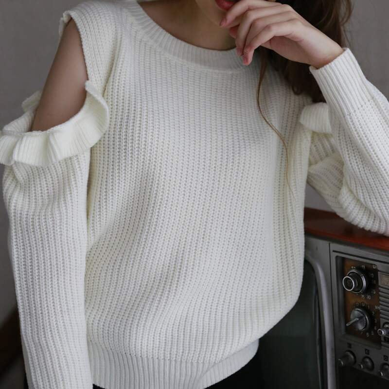 

Cold Shoulder Ruffle Knit Sweater, Beige