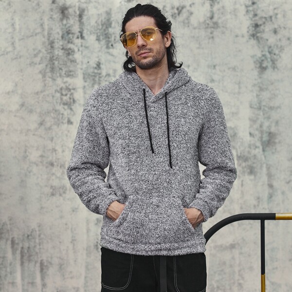 

Men Space Dye Drawstring Teddy Hoodie, Grey
