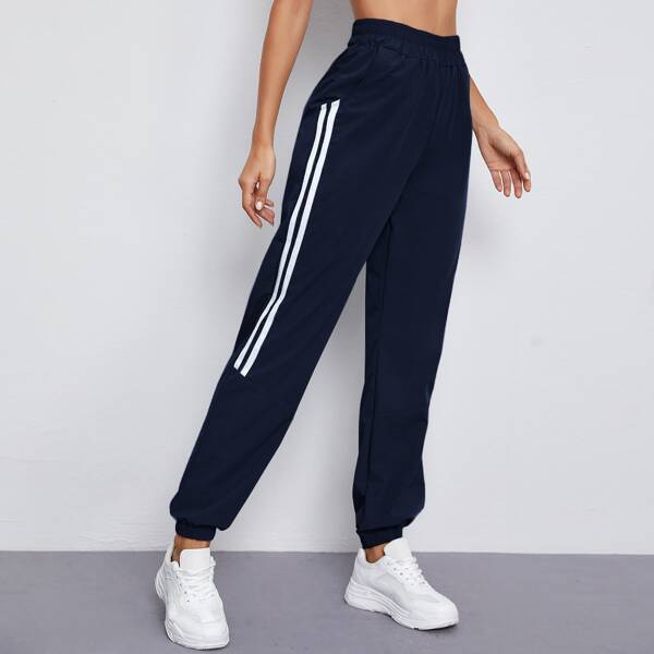 

Side Striped Slant Pocket Sports Pants, Navy blue