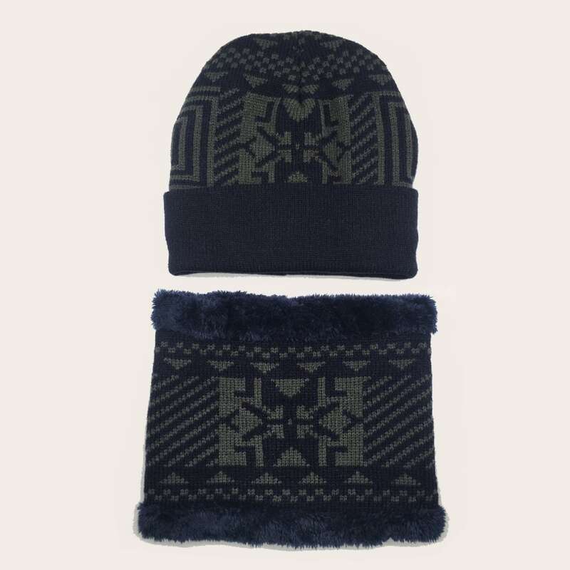 

Guys Geo Pattern Knit Beanie & Scarf, Navy blue