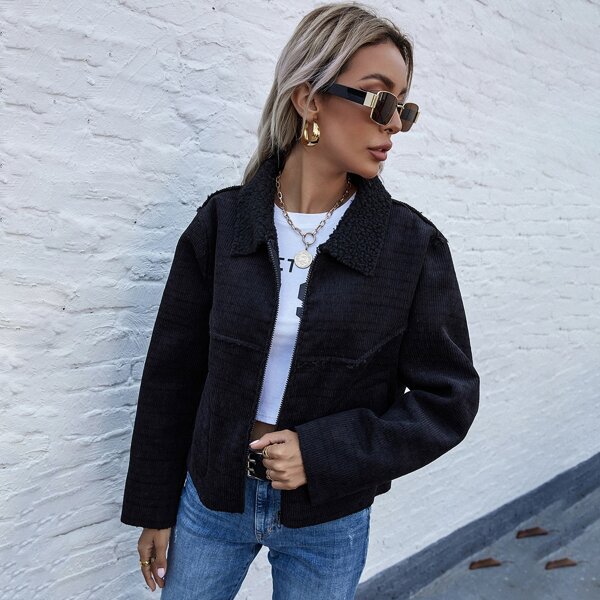 

Faux Shearling Lined Zip Up Jacket, Black