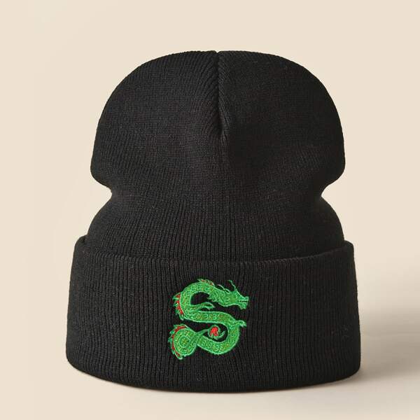 

Chinese Dragon Embroidered Beanie, Black