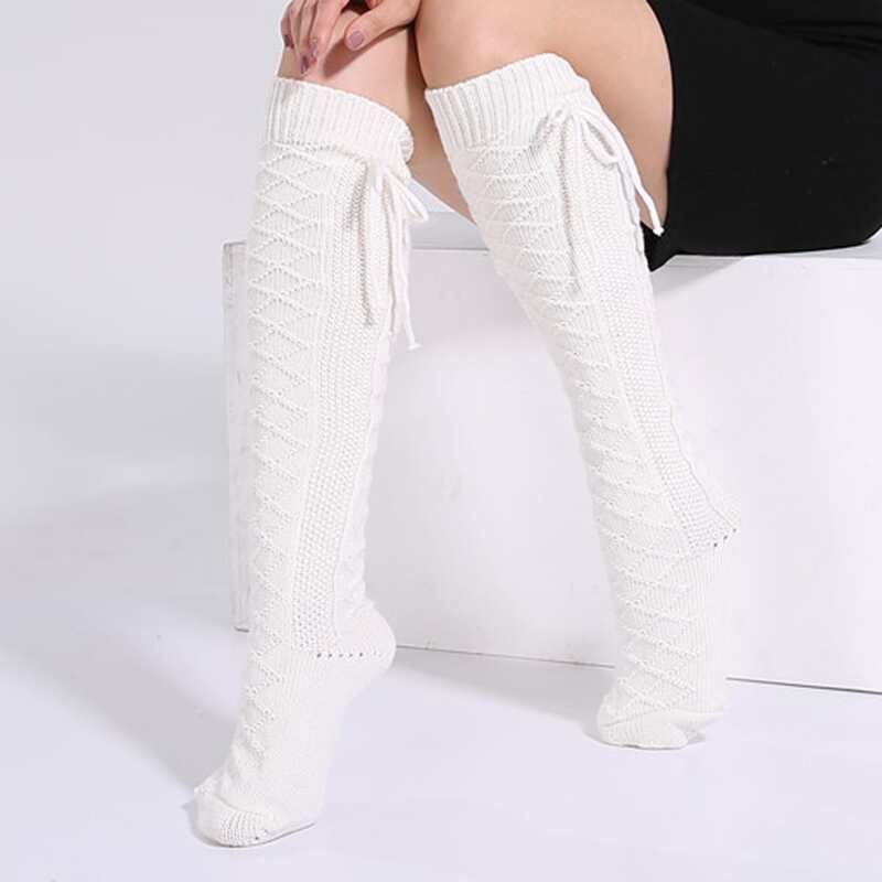 

Solid Knit Over The Calf Socks, White