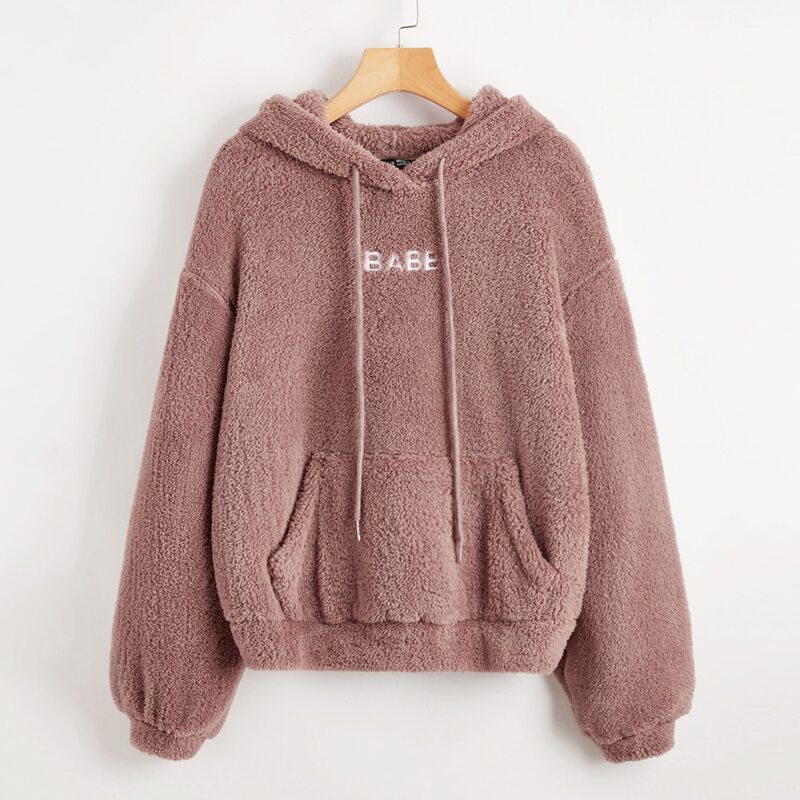 

Drop Shoulder Embroidery Letter Teddy Drawstring Hoodie, Dusty pink