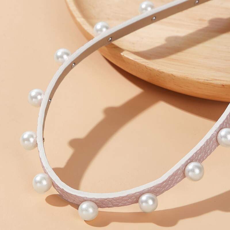 

Faux Pearl Faux Leather Choker, Silver