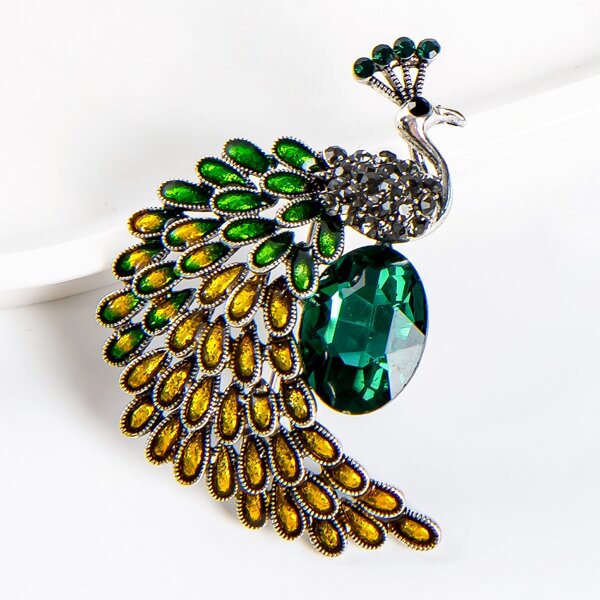 

Rhinestone Peacock Brooch, Green