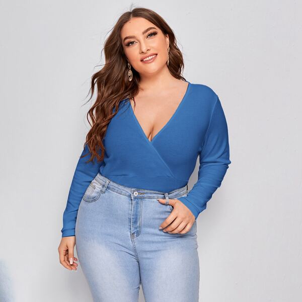 

Plus Surplice Neck Rib-knit Tee, Blue