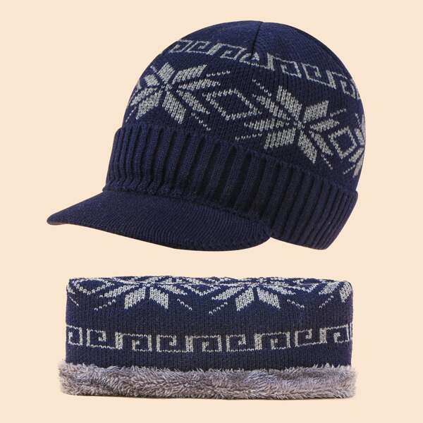 

2pcs Men Geometric Pattern Hat & Infinity Scarf, Navy blue