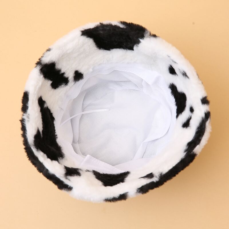

Cow Print Fluffy Bucket Hat, Black and white