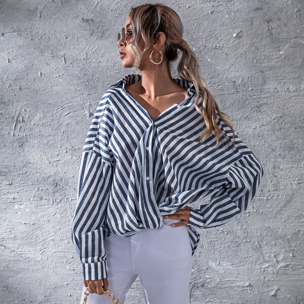 

Collared Buttoned Front Twist Hem Striped Blouse, Blue and white