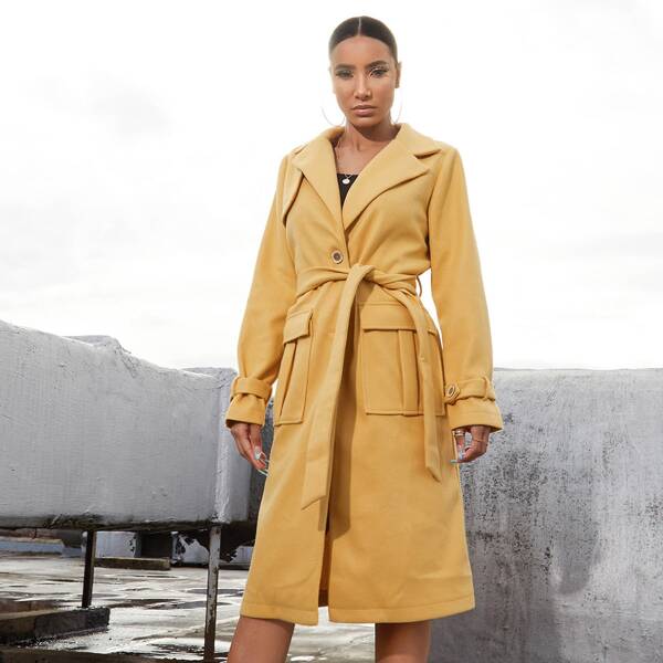 

Notch Collar Flap Pocket Self Belted Overcoat, Yellow