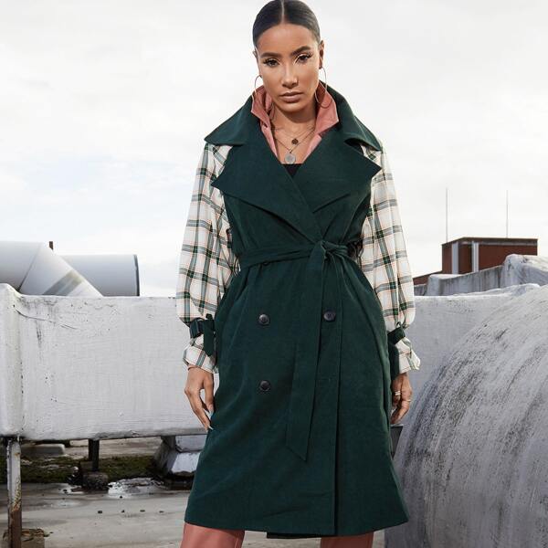 

Notched Collar Plaid Sleeve Self Belted Coat, Dark green